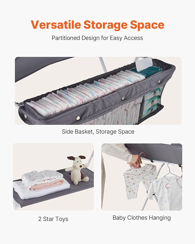 VEVOR Baby Changing Table, Foldable Diaper Change Station with Side Basket, Adjustable Height Changing Table with Lockable Wheels, Multi-Functional Nursery Storage Organizer, Dark Gray