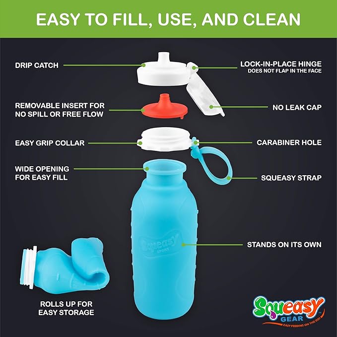 Blue 16 oz Squeasy Snacker Spill Proof Silicone Reusable Pouch - For Soft Foods & Liquids - Water, Apple Sauce, Yogurt, Smoothies, Baby Food - Dishwasher Safe