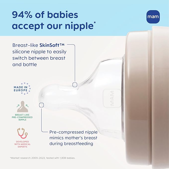 MAM Newborn Essentials Anti-Colic Baby Bottle & Pacifier Set 6 Easy Start Bottles (5oz & 9oz) 8 SkinSoft Nipples (Slow–X-Fast Flow) | Self-Sterilizing, Glow in The Dark Pacifiers & Brush