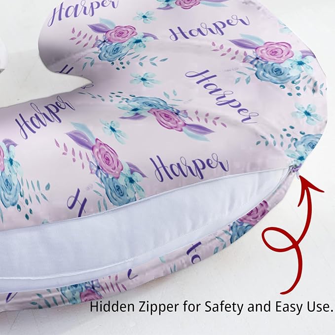 Customizable Flowers Baby Nursing Pillow Cover - Add Your Baby's Name, Ultra-Soft Stretch Fabric, Fits Standard Nursing Pillows, Ideal for Baby Showers Style 12