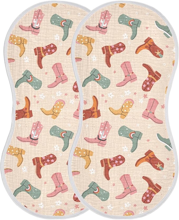 Cowboy Boots Muslin Burp Cloths for Baby Boys and Girls - 2-Pack Ultra Absorbent Muslin Washcloths, Newborn Towel, Milk Spit Up Rags, Burp Cloth Bibs for Unisex, 22 x 11 Inch