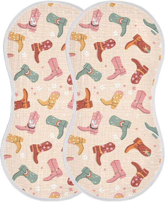 Cowboy Boots Muslin Burp Cloths for Baby Boys and Girls - 2-Pack Ultra Absorbent Muslin Washcloths, Newborn Towel, Milk Spit Up Rags, Burp Cloth Bibs for Unisex, 22 x 11 Inch