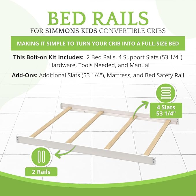 CC KITS Full-Size Conversion Kit Bed Rails Compatible with Simmons Kids Convertible Cribs by Delta Children - Solid Wood Rail - Toddler and Adult Bed Rail for Full-Size (Bianca White, Bolt-ON KIT)