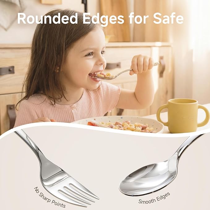 KINGSTONE Kids Silverware Set, 6-Piece Large Forks & Spoons, 18/10 Stainless Steel, Cat & Dog Print, Ergonomic Flatware for Self-Feeding Toddlers, Home & Travel