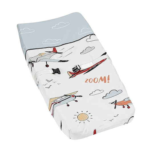 Sweet Jojo Designs Vintage Airplane Boy Baby Nursery Changing Pad Cover - Grey Yellow Orange Red White and Blue Airplanes Air Plane Transportation Clouds Sun Sky Aviator Aviation
