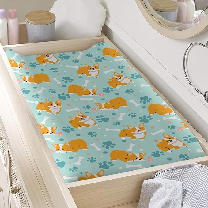 GOSTONG Corgi Dog Paws Print Baby Changing Pad Cover for Boys Girls Cozy Breathable & Washable Stretchy Fabric Diaper Table Cover Sheets, Fit 32x16 Inches Changing Mat