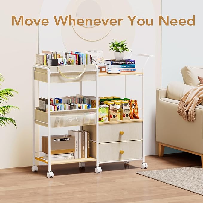 BBLIKE Diaper Caddy Organizer with Hanging Rack - 3 Tier Rolling Baby Storage Cart with Drawers and Side Pockets for Newborn Diaper Organization for Nursery, Crib, Bedroom, Changing Table, Beige