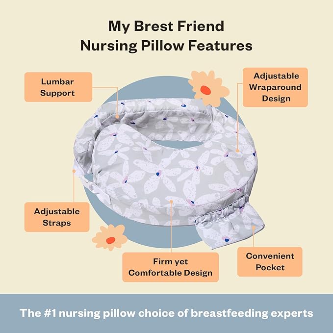 My Brest Friend Original Nursing Pillow Enhanced Ergonomics Essential Breastfeeding Pillow Support for Mom & Baby W/Convenient Side Pocket, Double Straps & Slipcover, Platinum Posies