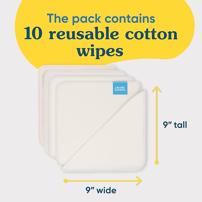 Charlie Banana Reusable 100% Cotton Baby Wipes, Super Soft and Washable, 10 Pack Reusable Cloth Wipes