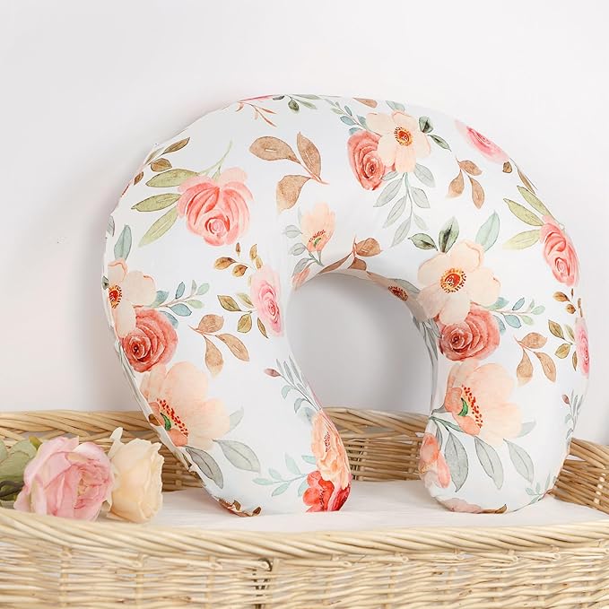 Nursing Pillow Cover, Breastfeeding Pillow Covers for Baby Girls Boys, Soft Stretchy Nursing Pillowcase for Infant Newborn, Removable Slipcover for Breast Feeding Pillows, Floral (Only Cover)