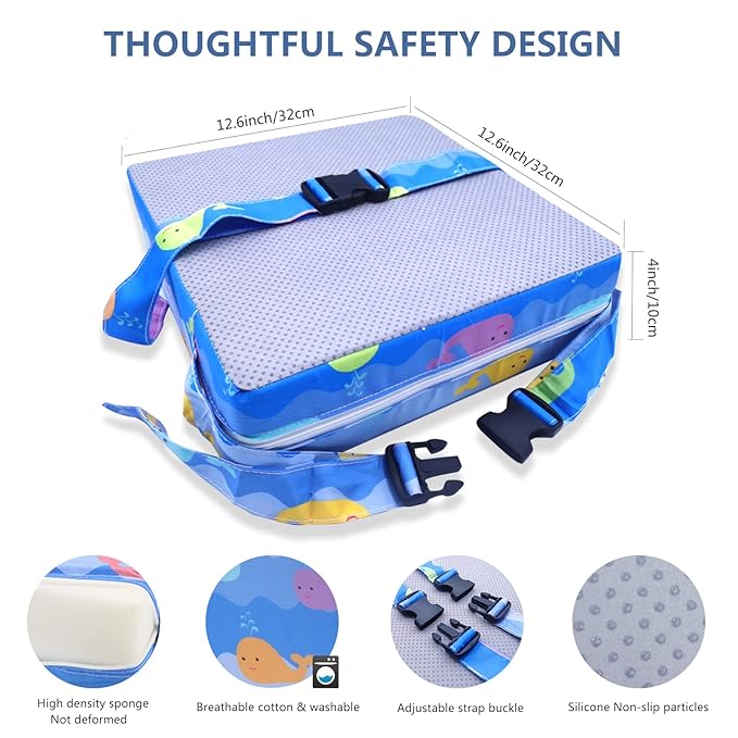 Toddler Booster Seat for Dining Table,4 Inches Washable Double Safer Straps Non-Slip Bottom Booster Seat Dining for Kids, Portable Travel High Density Sponge Detachable Increasing Cushion for Child.