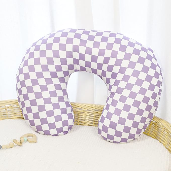 DILIMI Nursing Pillow Cover, Stretchy Removable Case for Breastfeeding Pillows, Ultra Soft Comfortable Slipcover for Baby Girl and Boy, Purple Checkered