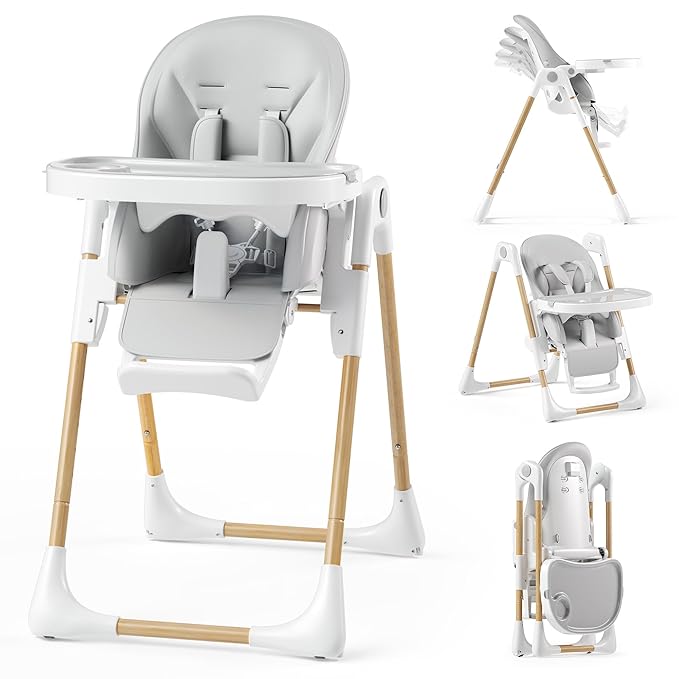 Kinder King Convertible High Chair for Babies & Toddlers, Adjustable Baby Feeding High Chair with Removable Double Tray, Simple Compact Fold for Space-Saving, 2 Built-in Wheels, Easy to Clean