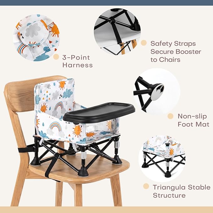 Toddler Booster Seat for Kitchen Chair & Travel - Portable Foldable with Removable Tray, Baby Camping Chair 6-36 Months Indoor Outdoor (White Cloud Design)