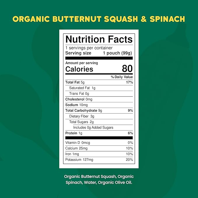 Serenity Kids 6+ Months Veggie Puree Baby Food Pouches - Butternut Squash & Spinach - USDA Organic Baby Snacks - No Added Sugar Snack Pouch - Healthy Toddler Treats - 3.5 Oz Pack of 12