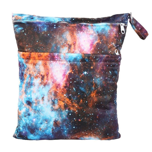 Wet Dry Bag For Baby Cloth Diaper Nappy Reusable Washable With Two Zippered Pockets (Outer Space)