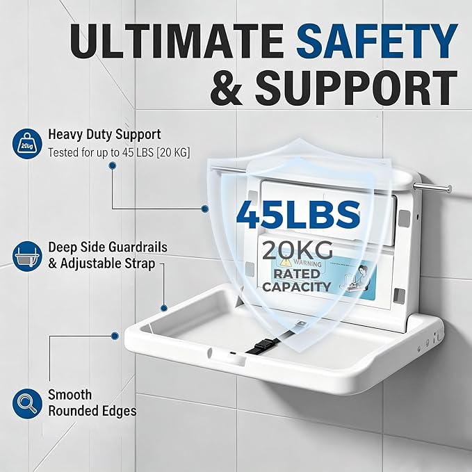 Commercial Baby Changing Station Wall Mounted Fold Down Diaper Changing Table for Public Restrooms, HDPE Changing Station with Safety Strap, Storage Shelf & Bag Hooks, Supports Up to 45lbs