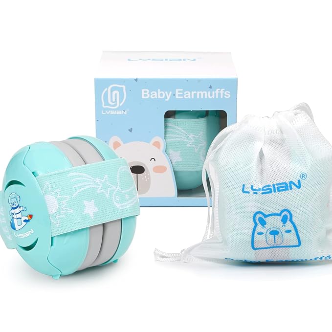 LYSIAN Baby Earmuffs for Infants & Toddlers 3 Months-3 Years, 25dB SNR Noise Reducing Hearing Protection with Elastic Headband for Travel, Airplanes, Outings and Fireworks, Aqua