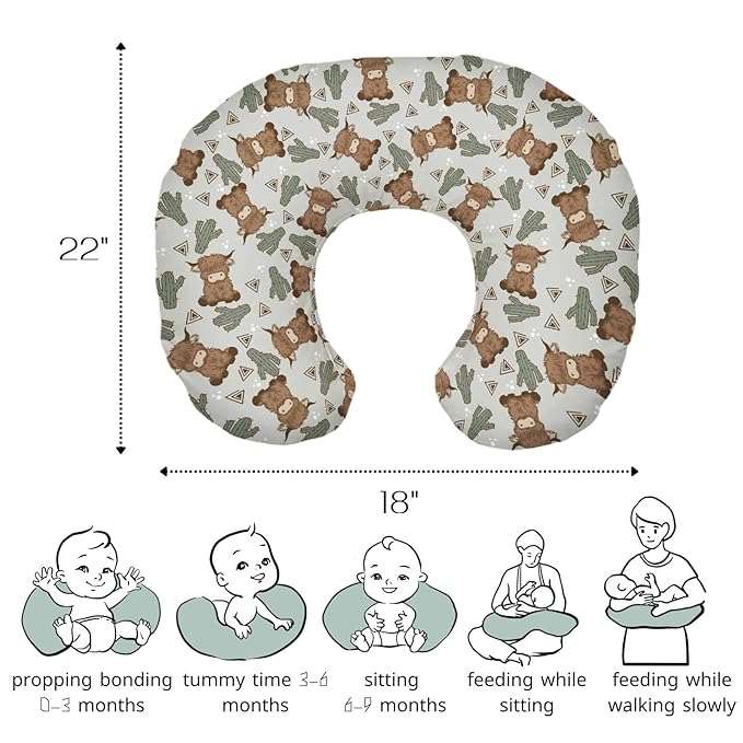 HawSkgFub Highland Cow Boho Cactus Nursing Pillow Cover for Baby Boys, Western Cowboy Desert Plant Breastfeeding Pillow Slipcover, Highlander Themed Cattle Pillowcase for Newborn Infant Cover Only