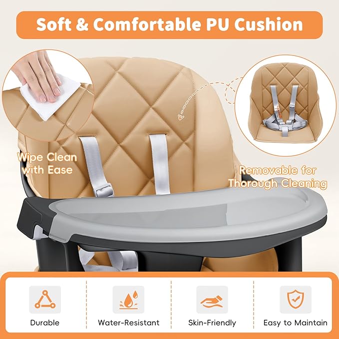 Babyliebe Baby High Chair, 8 in 1 Convertible Wooden High Chair for Babies and Toddlers, Converts to Booster Seat, Toddler Chair & Stool, with Removable Double Tray, Adjustable Legs & Footrest (Brown)