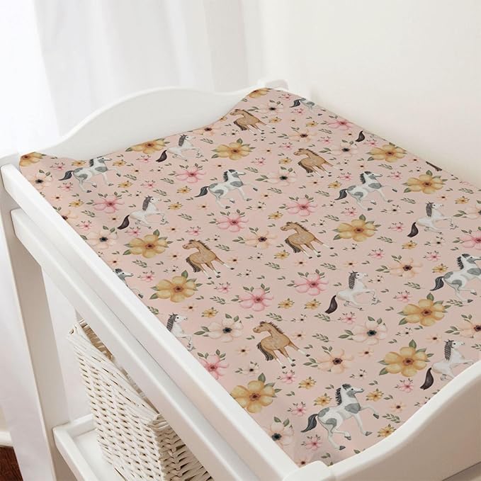 Watercolor Horse Boho Floral Changing Pad Cover Cute Horses Baby Diaper Change Table Pad Cover for Boys Girls Soft Breathable Stretch Snug Fitted Diaper Changing Mat Sheets Covers 32''x16'' Pink