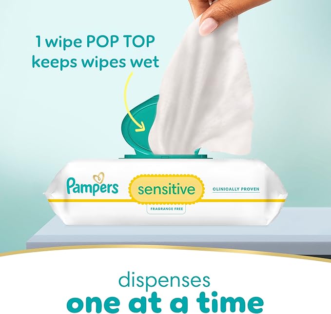 Pampers Sensitive Baby Wipes, Water Based, Clinically Proven, Hypoallergenic, and Unscented for Babies, 56 Wipes Total (1 Flip-Top Packs) [Packaging May Vary]