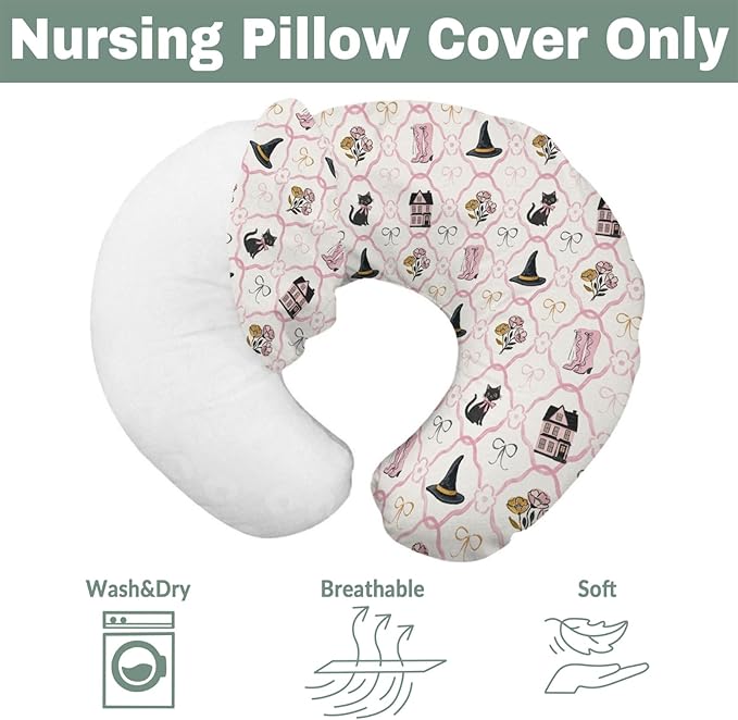 Cute Pink and Black Halloween Baby Nursing Pillow Covers for Girl Witch Cat Castle Floral Bows Slipcovers for Breastfeeding Pillows Spooky Halloween Soft Stretchy Removable Covers for Newborn Infant