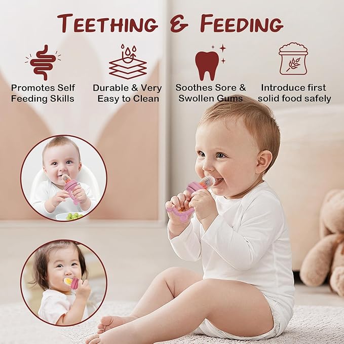 Baby Breastmilk Popsicle Molds & Baby Fruit Feeder (4 Pack), Infant Food Freezer Tray Storage Containers, Silicone Teething Pacifier Feeder and Teether for Babies,Silicone Feeder(Pink)