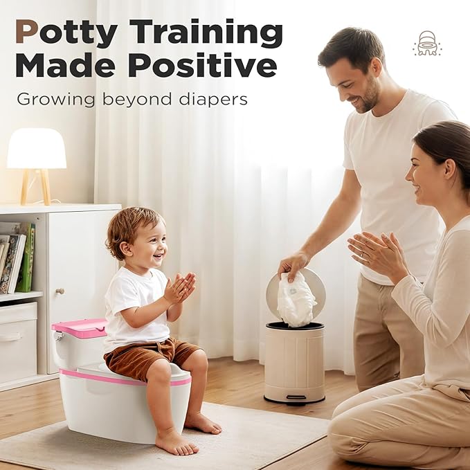 3-in-1 Toddler Potty Training Toilet with Flushing Sound, Wipes Storage & Toilet Paper Holder, Realistic Potty Chair with Detachable Seat and Easy-Clean Design for Boys & Girls Ages 18+ Months (Pink)