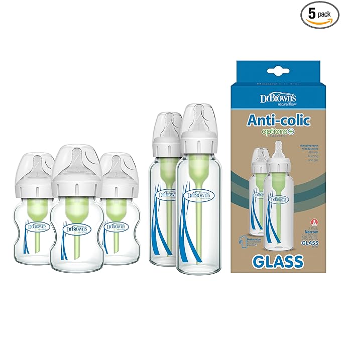 Dr. Brown's Natural Flow Options+ Narrow Glass Baby Bottles, 8oz & Dr. Brown’s Natural Flow® Anti-Colic Options+™ Wide-Neck Glass Baby Bottles 5 oz/150 mL, with Level 1 Slow Flow Nipple, 3 Pack, 0m+