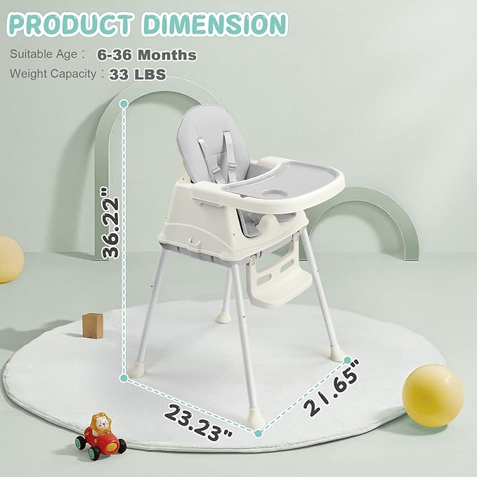 Ktaxon 6-in-1 Baby High Chair, Portable Convertible Highchair with Removable Dual-Layer Tray, 5-Point Safety Harness and Locking Wheels for Toddlers & Babies, Grey
