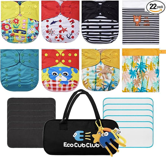 Reusable Washable Cloth Diapers 6pcs for Baby Shower,Leak-Proof Double Gussets Quick-Dry AWJ Lining,12 Soft Fleece Inserts & 2 Wet Bags,Packed in Durable Travel Handbag&Key Chain-B-11-A