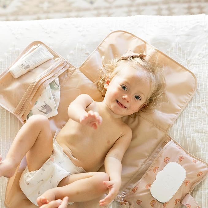 Tiny Twinkle Portable Diaper Changing Pad | Waterproof, Wipeable & Compact Baby Changing Pad for Travel | Smart Wipes Pocket & Organized Storage| Newborn Shower Gift (Boho Rainbow)