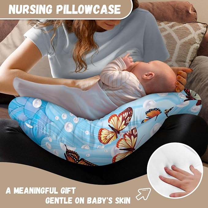 Forchrinse Colorful Butterfly Pearls Blue Mermaid Nursing Pillow Cover Ultra Soft Feeding Pillow Slipcover for Breastfeeding Moms
