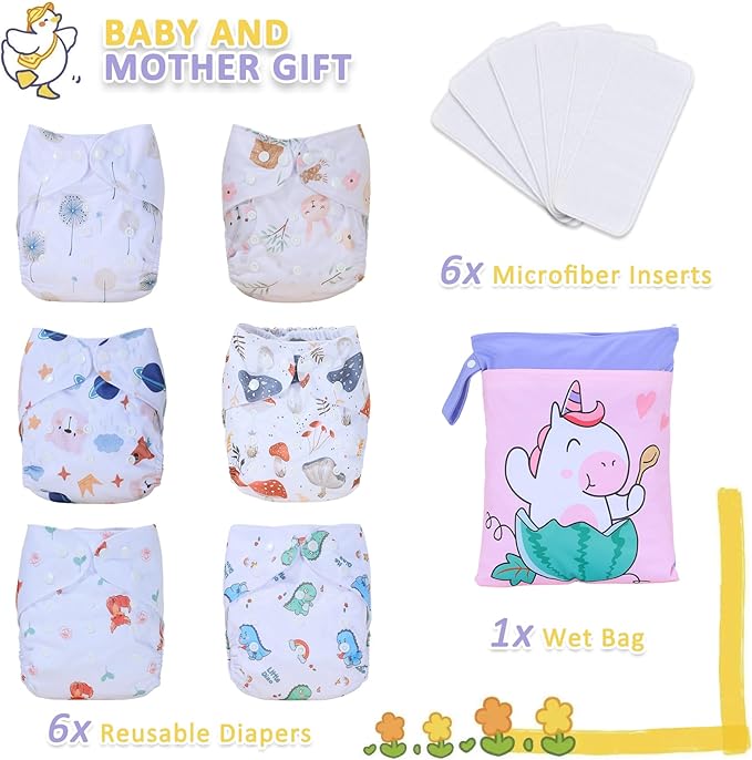 TDIAPERS Cloth Diapers Reusable Washable Pocket Diapers Cover One Size Adjustable for Baby Snaps Cloth Diapers Nappy 6 Pack with 6 Pcs Microfiber Inserts,1 Wet Bag