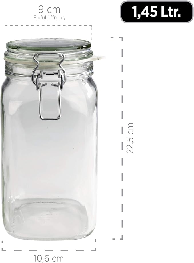 MÄSER, Gothika Series, 6 x 1.45 litres Medium Storage Glasses with Swing Top, Edged Gherkin Clip Top Glass Jars