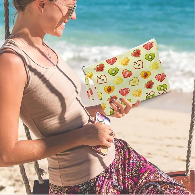IAXIC Wet Dry Bag, Wet Bag for Swimsuit, Diaper Sunscreen Large Zipper Pouch Waterproof Pouch, Beach Bags for Women, Heart Shaped Fruit Pattern, Gifts for Ladies Girls Friends Colleagues and Sisters