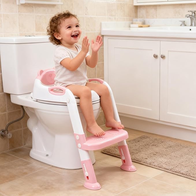 Potty Training Seat with Step Stool Ladder, Toddler Toilet Seat for Boys Girls, Adjustable 6 Heights Fits Round & Elongated Toilets, Anti-Slip Pads & Leak-Proof Guard