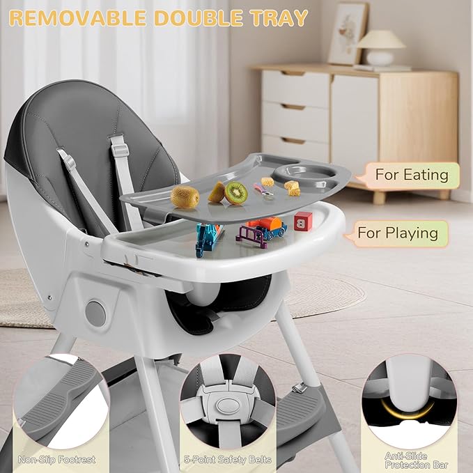 Ktaxon Baby High Chair, 6-in-1 Portable Feeding Rocking Seat with Adjustable Backrest, Removable Tray and 5-Point Safety Harness, Travel Folding Highchair for Toddlers & Babies, Grey
