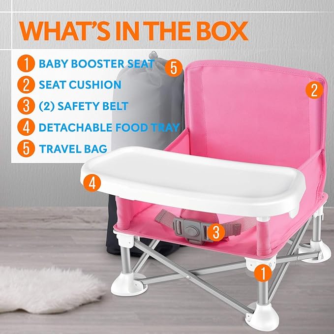 SereneLife Baby Seat Booster -Space Saver Toddler Booster Seat - Portable Pop and open Sit Folding Booster Feeding Chair - Safety Belt/Food Tray/Travel Bag - SereneLife