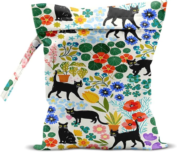 Cat Wet Bags 12x10 Inch, Colorful Floral Waterproof Wet Dry Bags, Flowers Washable Travel Laundry Bag for Swimsuit Pool Beach Diapers Dirty Yoga Gym Clothes, Cat Gifts for Women Friend Travelers