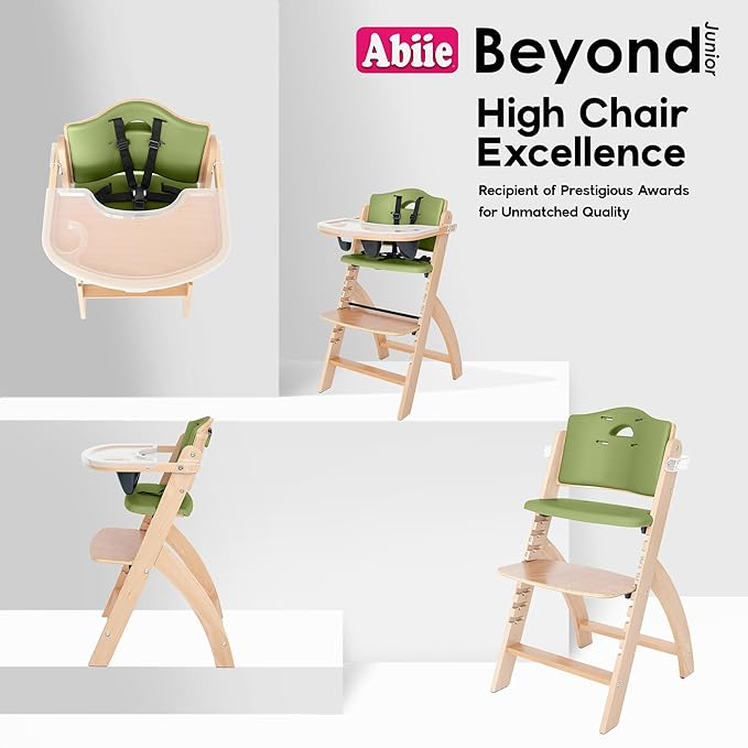 Abiie Beyond Junior Wooden High Chair for Babies and Toddlers - Convertible 3-in-1 Baby Highchair with Removable Tray - 6 Months to 250 Lb - Water Resistant - Natural Wood/Olive Cushion