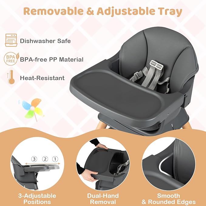 BABY JOY High Chair, 9-in-1 Convertible Highchairs for Babies and Toddlers, Booster Seat | Table & Chair Set | Stool, Adjustable Legs, Removable Tray, Safety Harness & PU Cushion (Dark Gray)