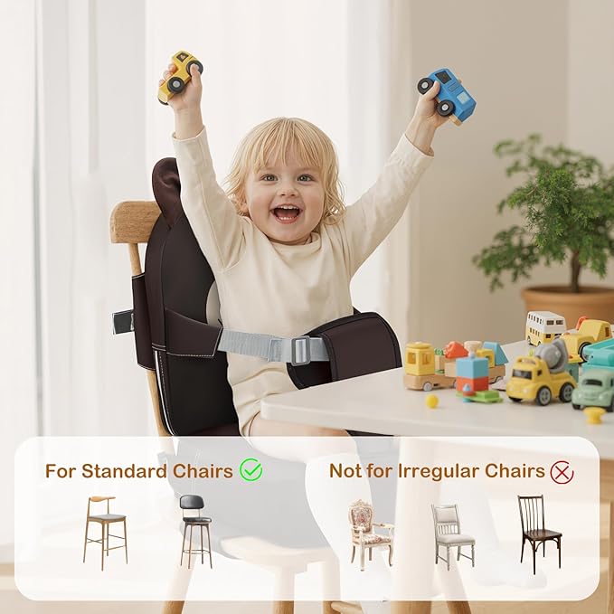Booster Seat for Kitchen Chair, Toddler Kids Booster Seats for Dining Table with Backrest and Adjustable Strap, Portable PU Waterproof Travel Baby Boy Girl Booster Increasing Cushion (Khaki, OneSize)