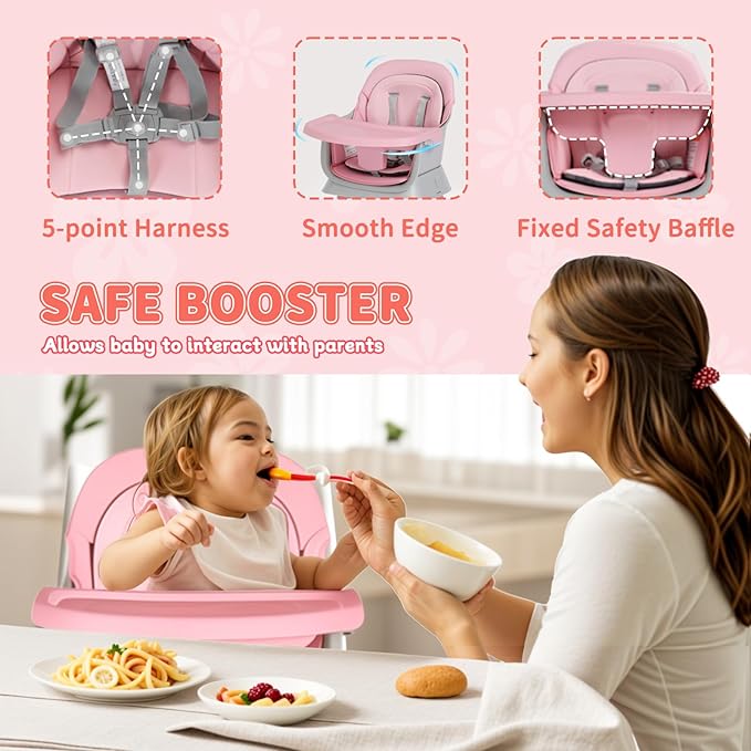 Kinder King 8 in 1 Baby High Chair, Coverts to Dining Booster Seat/Kids Table & Chair Set/Toddler Building Block Table/Kids Stool, Removable Tray & Double Seat Cover, Easy to Wipe, Grey & Pink
