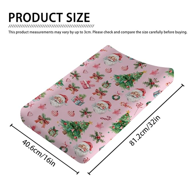 Vintage Pink Watercolor Santa Claus Baby Changing Pad Covers Retro Christmas Santa Trees Gift Candy Diaper Changing Table Sheets for Boy Girl Soft Stretchy Snug Fitted Change Table Mat 32''x16''