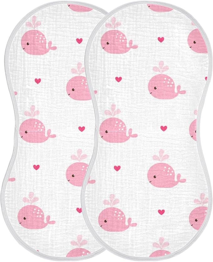 Pink Whale with Heart Muslin Burp Cloths for Baby 2 Pack 100% Cotton Baby Washcloths Bibs for Boy Girl