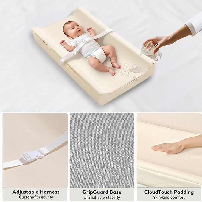 Vegan Leather Baby Changing Pad – Waterproof, Wipeable & Durable Changing Mat for Quick Cleanup – Soft, & Reusable – 32" x 16.6" Comfortable Infant Changing Station for Dresser & Table (Beige)