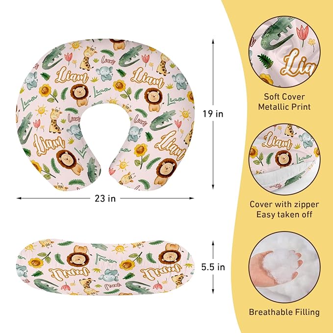 Baby Nursing Pillow Cover - Personalized Name Breastfeeding Pillow Cover with Giraffe Pattern, Stretchy Removable U-Shaped for New Moms, Soft Breathable Slipcover for Infant Boys Girls