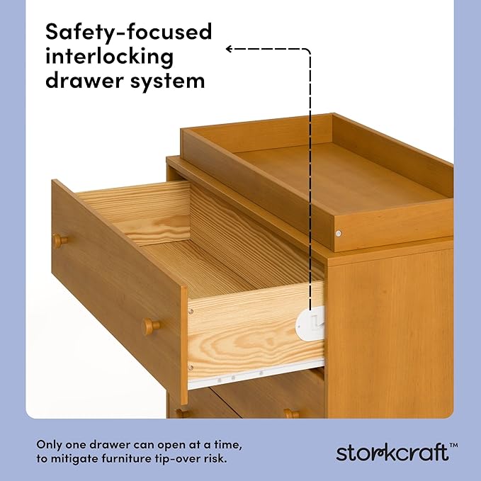 Storkcraft Texas 3 Drawer Chest with Removable Changing Table Topper (Almond) – GREENGUARD Gold Certified Baby Dresser, Interlocking Drawer System for Nursery & Kids’ Bedroom Dresser